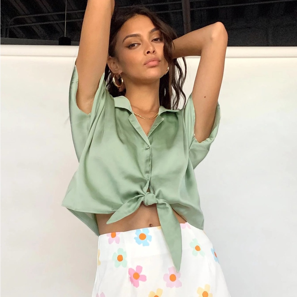 Green Satin Tie-Front Blouse